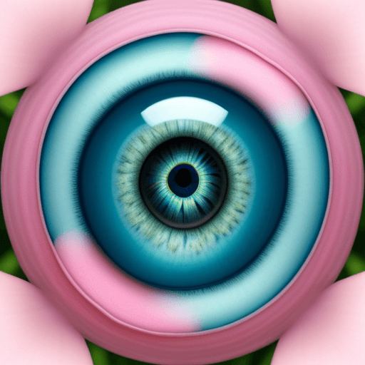 AI generated: a big blue eye, full of love, happy, smile, pink, green, spring, 3d, photo