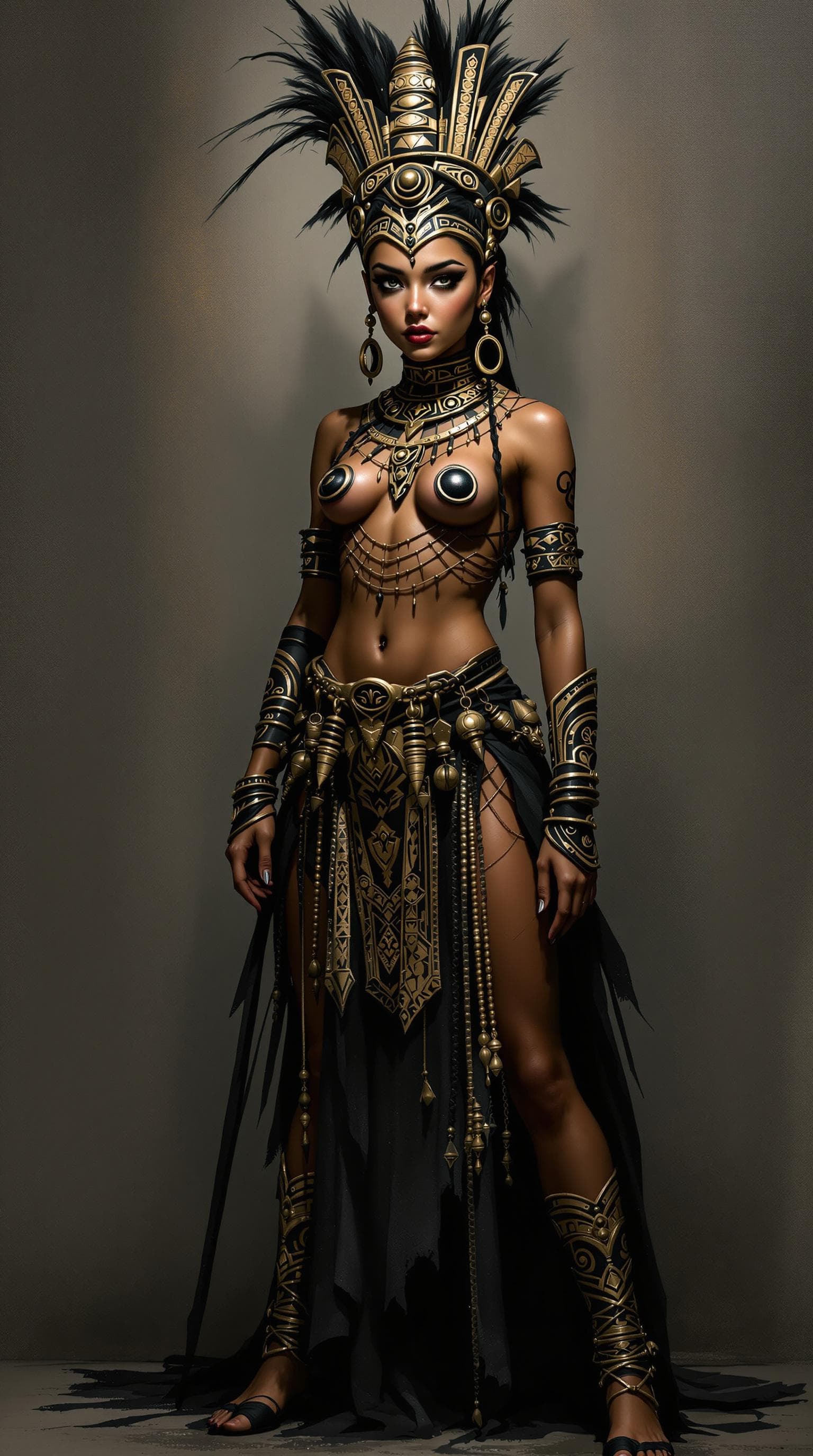 AI generated: A hyper-realistic full-body portrait of a European girl adorned in Maori-inspired symbolic attire, s...