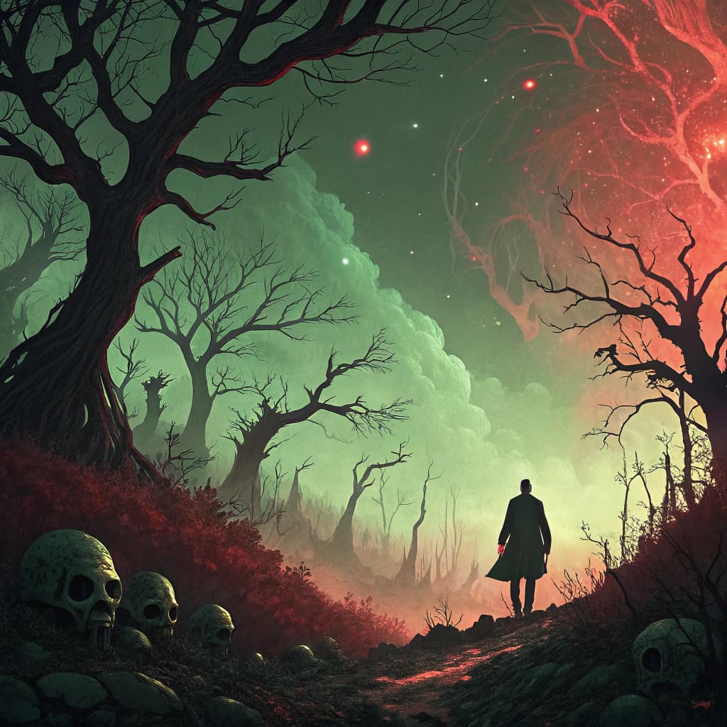AI generated: the crazy world we live in, Epic fantasy by Dave Mckean David Welker, in olive geen and glowing red ...