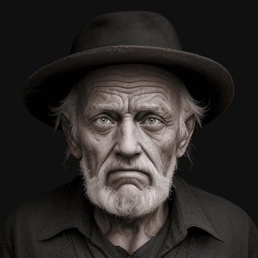 AI generated: An image of a very tired old man, black background settings, highly details  The facial expression r...