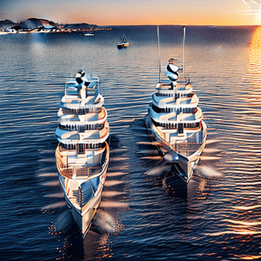 AI generated: 2 two white supersized yachts in St. Tropez sunrise, One yacht has painted title: WORK HARD, another...