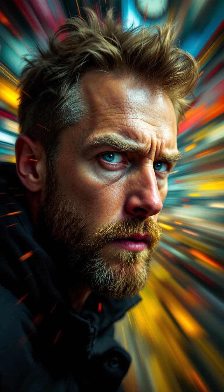 AI generated: A Scandinavian man in his mid-30s depicted in a surreal expressionist style, urgency in his expressi...