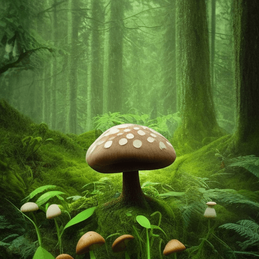 AI generated: a picture of a mushroom, Green, green, small mushrooms and a beautiful forest background, The compos...