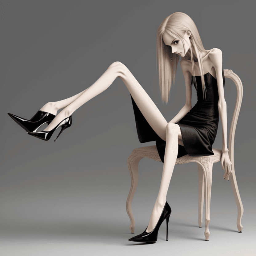 AI generated: very skinny anorexic legs  in high heels, high heels, sitting, the tips of the shoes are very long t...
