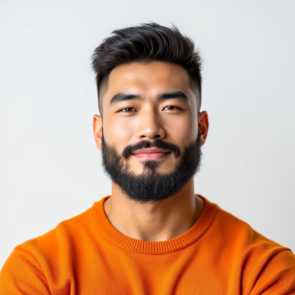 AI generated: handsome chinese male,beard,upper body portrait,orange sweater,white background,big muscle