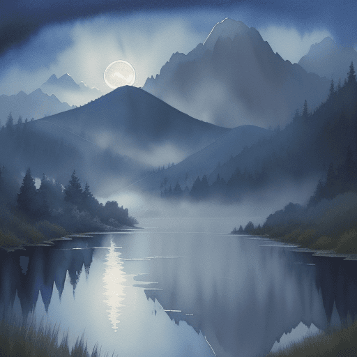 AI generated: watercolor painting, landscape, mountains far away, misty full Moon at night, cloud play, all in del...