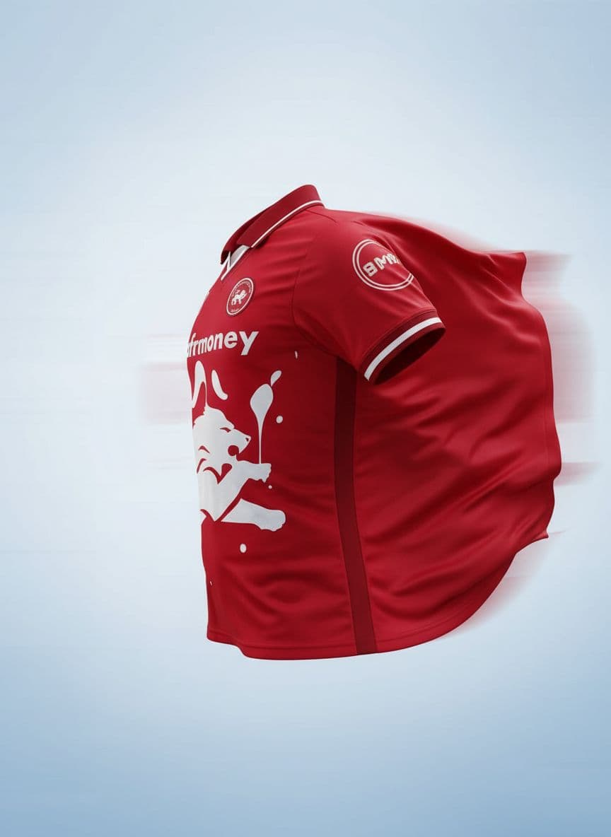 AI generated: A realistic 3D mock-up of a red soccer jersey in a “Wind-Blown” side profile pose, captured from a s...