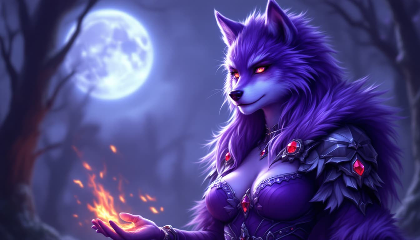 AI generated: A full body digital painting of a 28 year old furry woman with a Purple wolf head, Purple Fur On the...