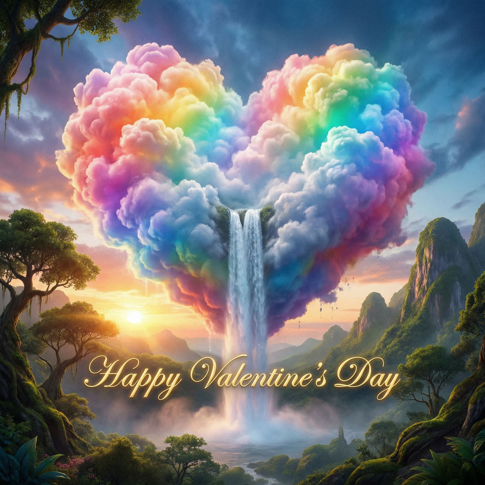 AI generated: 4K HD fantasy realism image of a puffy clouded heart made in rainbow colors with a water falling dow...
