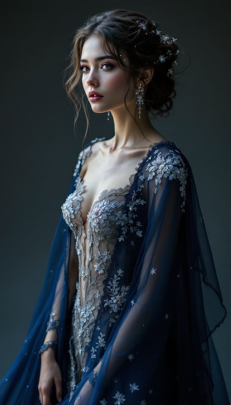 AI generated: "An elegant fantasy costume inspired by a mystical realm, featuring a delicate, floral-patterned lac...