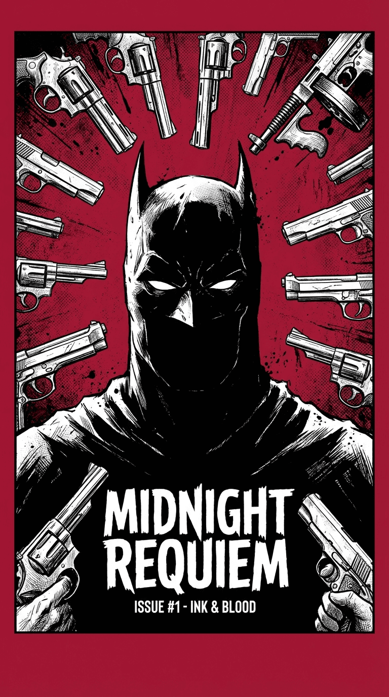 AI generated: A dark noir comic book cover. A centered close-up of a caped vigilante with white-out eyes and a tat...