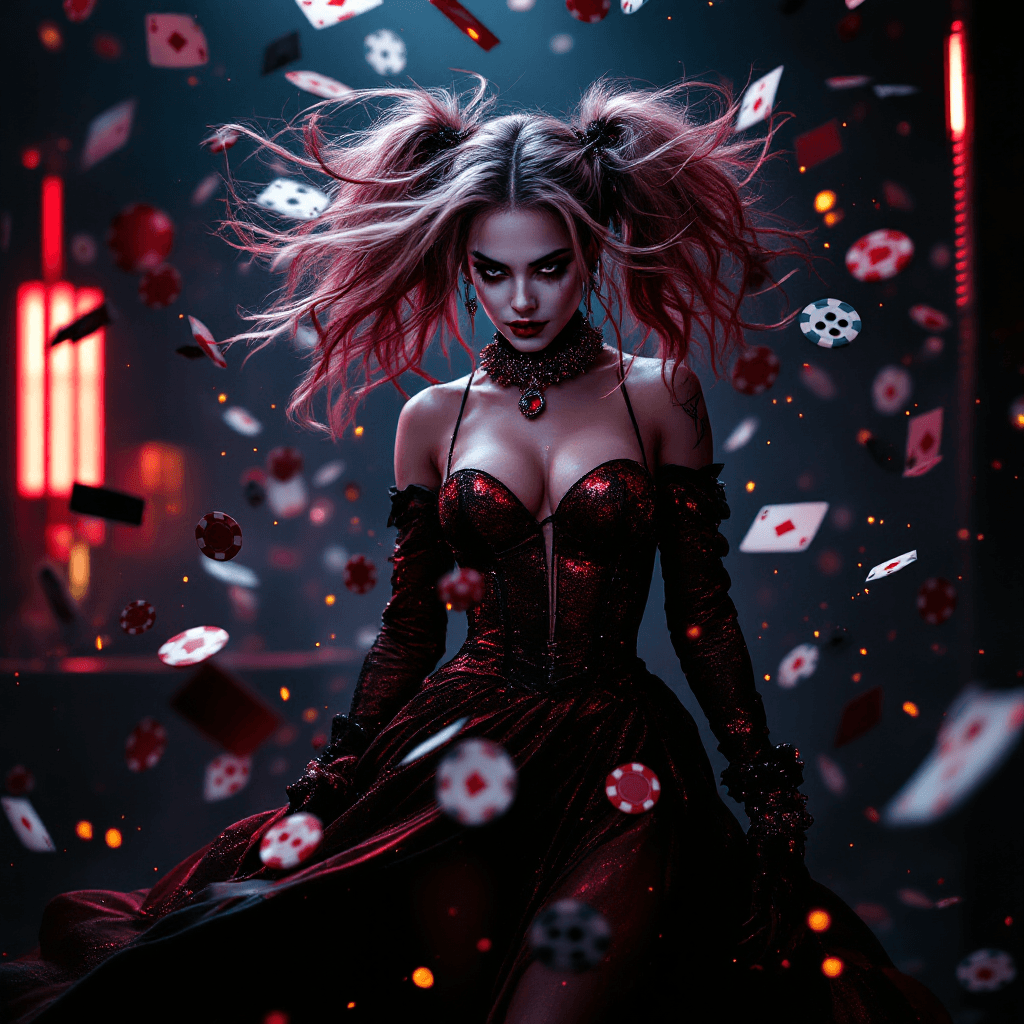 AI generated: Photo-realistic fictional character Harley Quinn dressed in a glamorous, dark red and black high-fas...