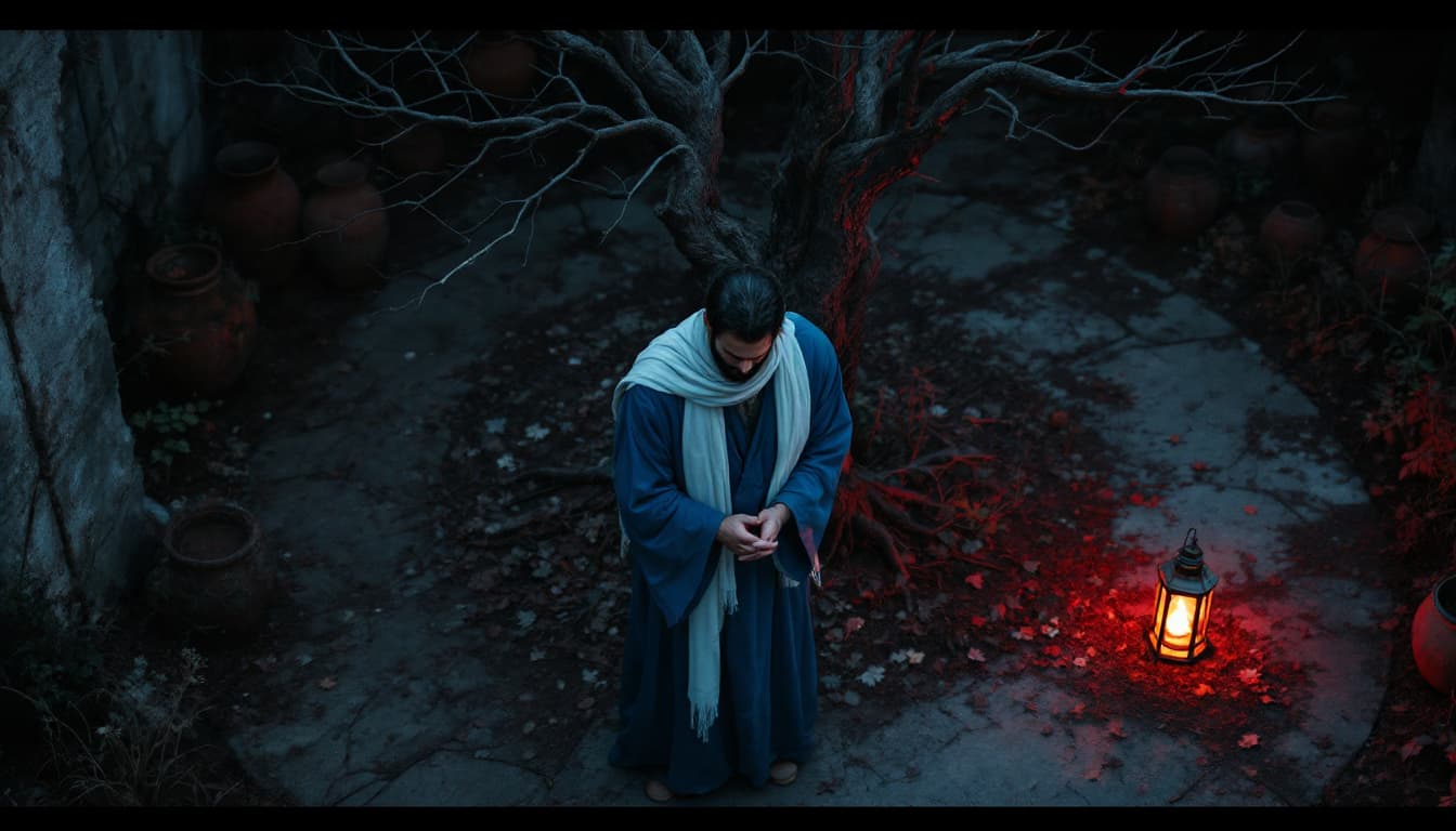 AI generated: hyper realistic Shot.Shot: The man stands beside a barren tree, head bowed, hands clasped tightly, a...