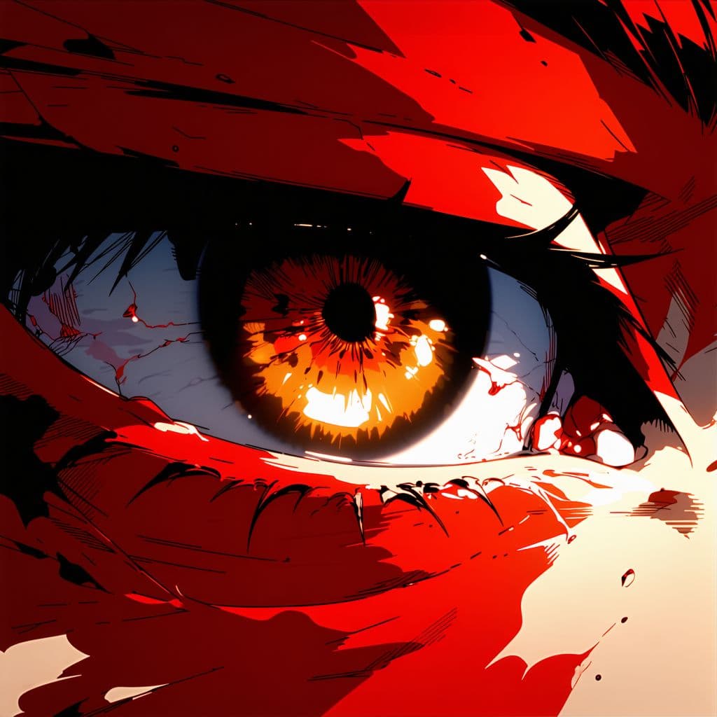 AI generated: manga panel of a close-up eye, intense, against a dark red background, in the style of Kentaro Miura...