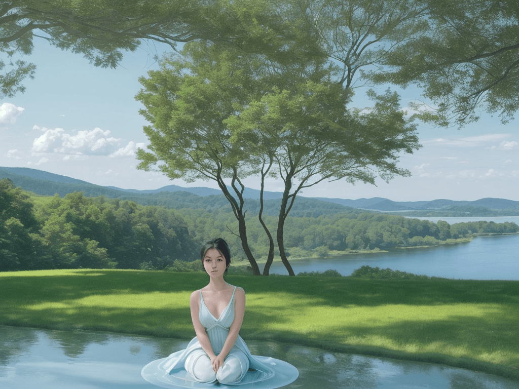 AI generated: The background is a picturesque landscape with rolling hills, trees, and a body of water in the dist...