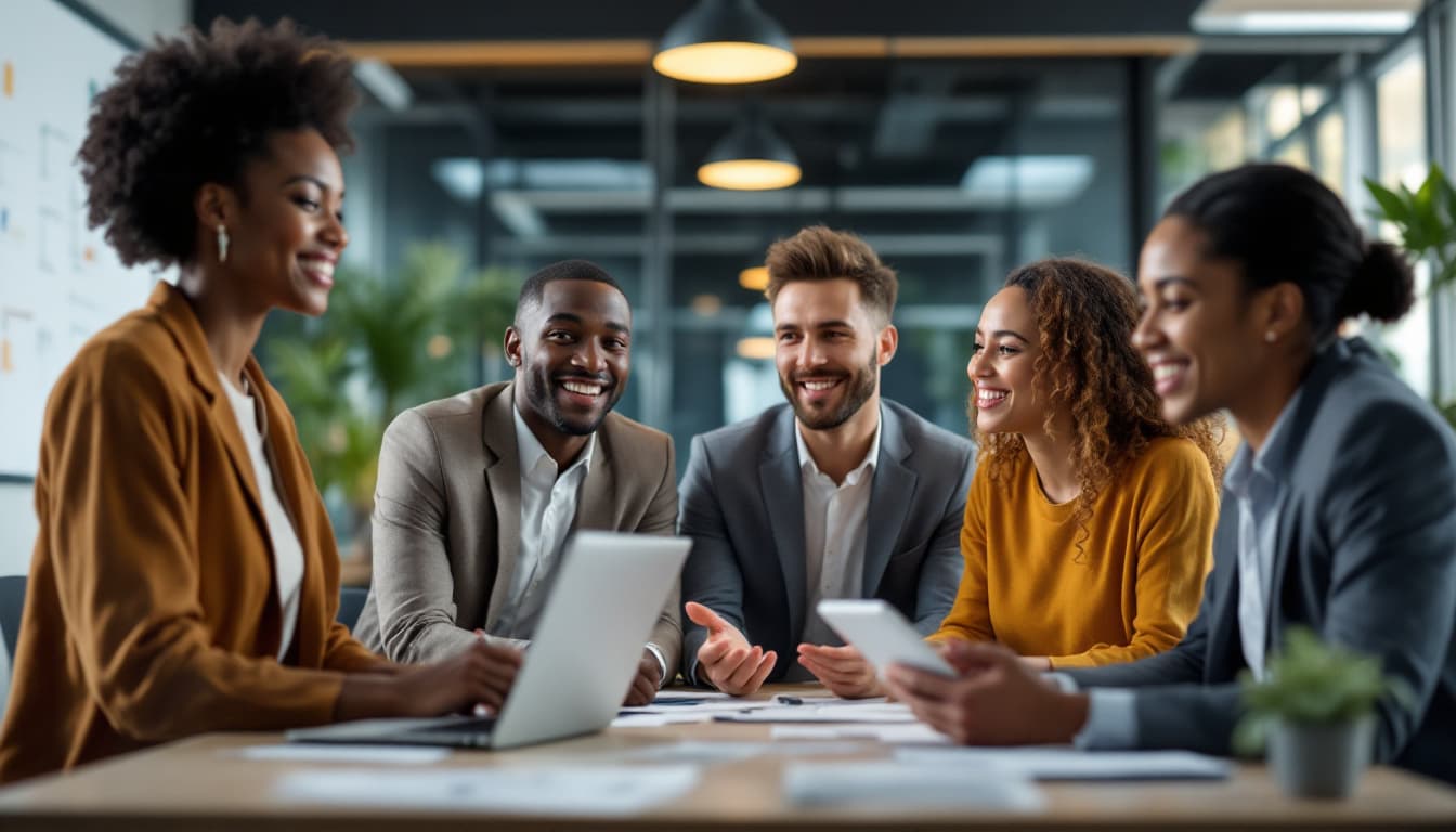 AI generated: `/imagine prompt: Diverse team of professionals brainstorming in modern office:

African woman (conf...
