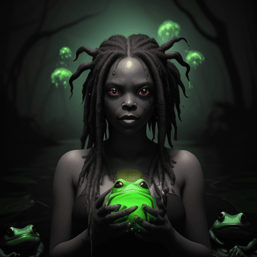 AI generated: dark fantasy, swamp, wide shot, voodoo magic, evil bullfrog head lady, hair black matted dreadlocks,...
