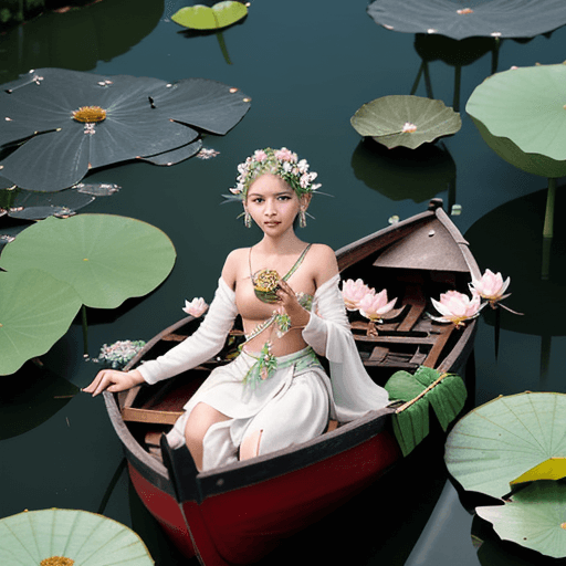 AI generated: A fairy with lotus flowers in her hand sat on a small boat, surrounded by lotus leaves and flowers. ...
