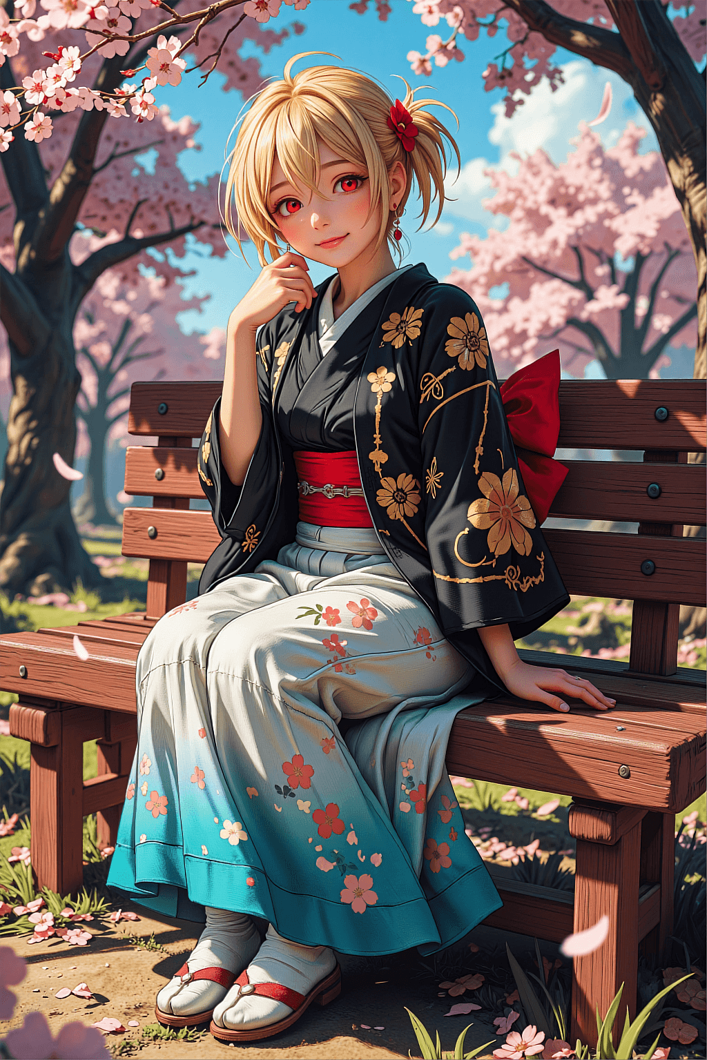 AI generated: A vertical masterpiece 3D anime illustration of a beautiful blonde girl with red eyes sitting on a w...