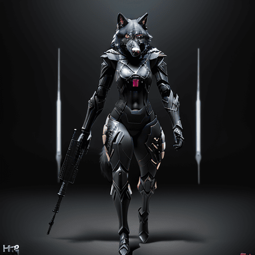 AI generated: Agile black wolf soldier character, anthropomorphic figure, wearing futuristic soldier armor and wea...