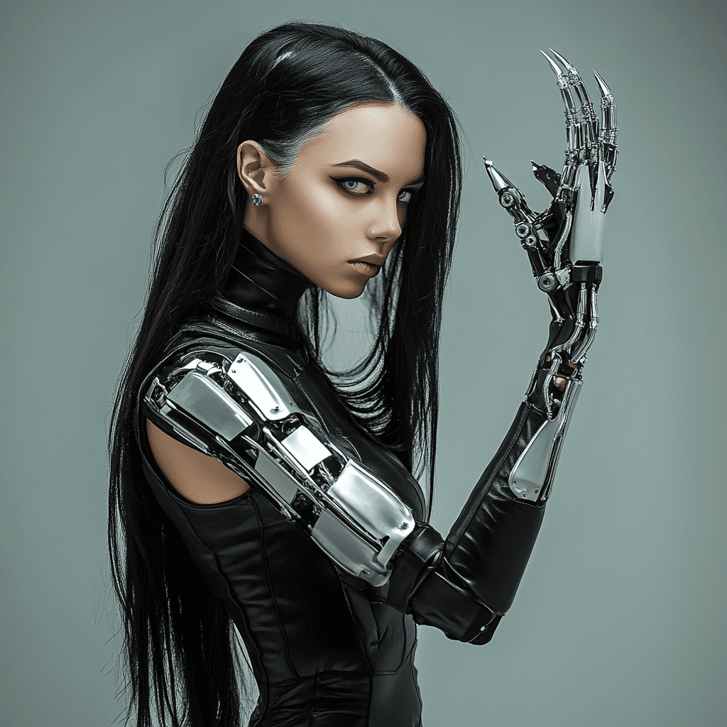 AI generated: A beautiful woman with dark hair and silver eyes, wearing black leather and white cybernetic tattoos...