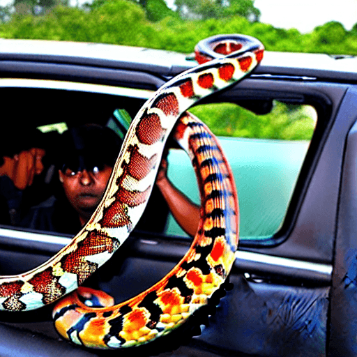 AI generated: crazy man check in mirror, see a corn snake and royal cobra
