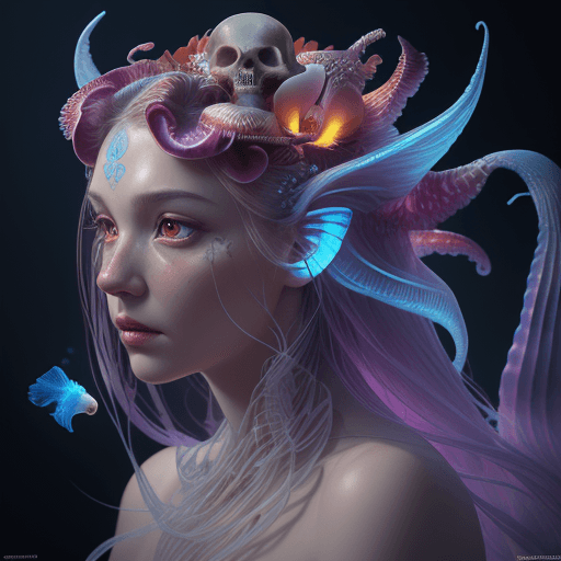 AI generated: Goddess close-up portrait ribcagel. jellyfish phoenix head, nautilus, orchid, skull, betta fish, bio...