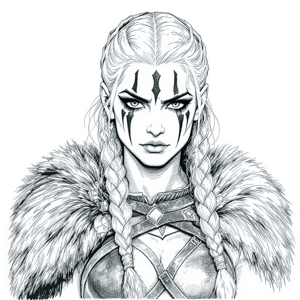 AI generated: black and white drawing of a Viking warrior woman with braided hair, wearing war paint on her face, ...