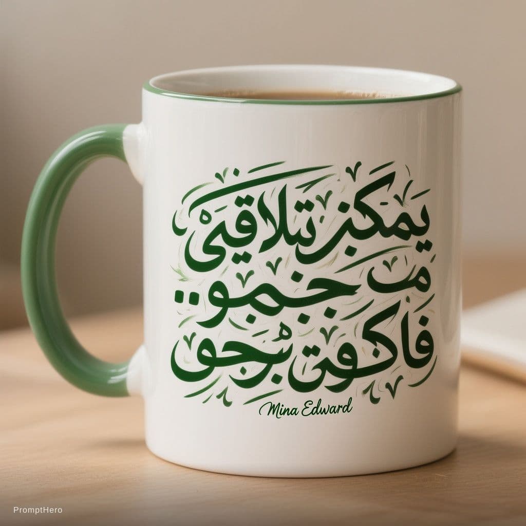 AI generated: "A white and green coffee mug with Arabic calligraphy in dark green. The text says 'يمكن تلاقي وجود....