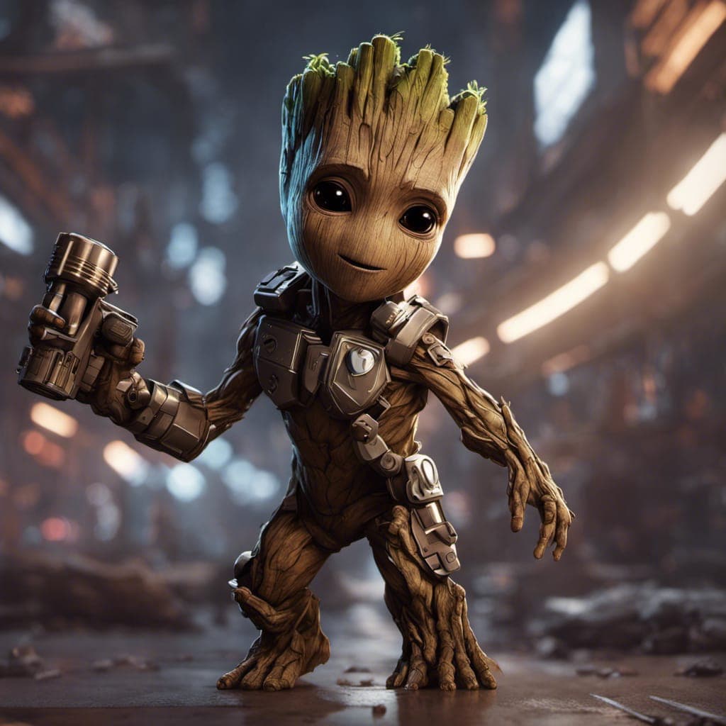 AI generated: a dramatic highly detailed render of baby groot holding a grenade, futuristic marvel, by WLOP and Ar...