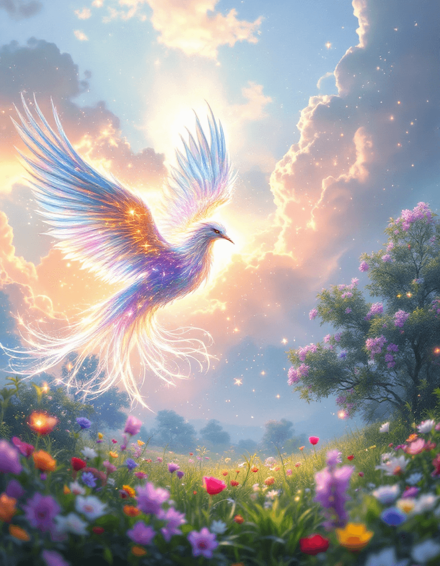 AI generated: A breathtaking scene of a graceful, mythical bird soaring high through a glowing sky. Its long, ench...