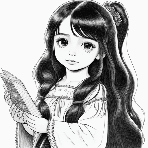 AI generated: make into little mexican girl, single hand drawn line drawing for coloring book, make her with long ...