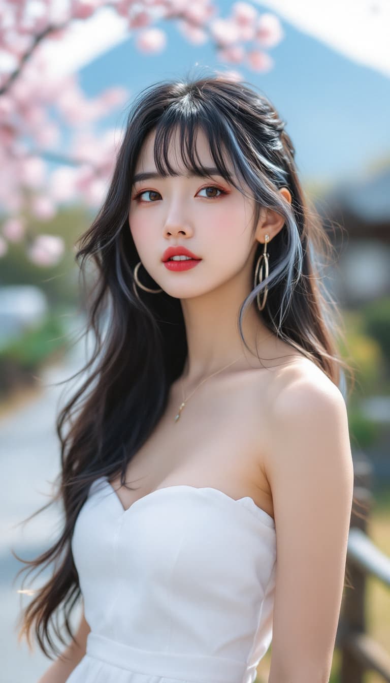 AI generated: A person, korean ulzzang face, japanese girl, long hair, bangs, multi color hair, wearing a white st...
