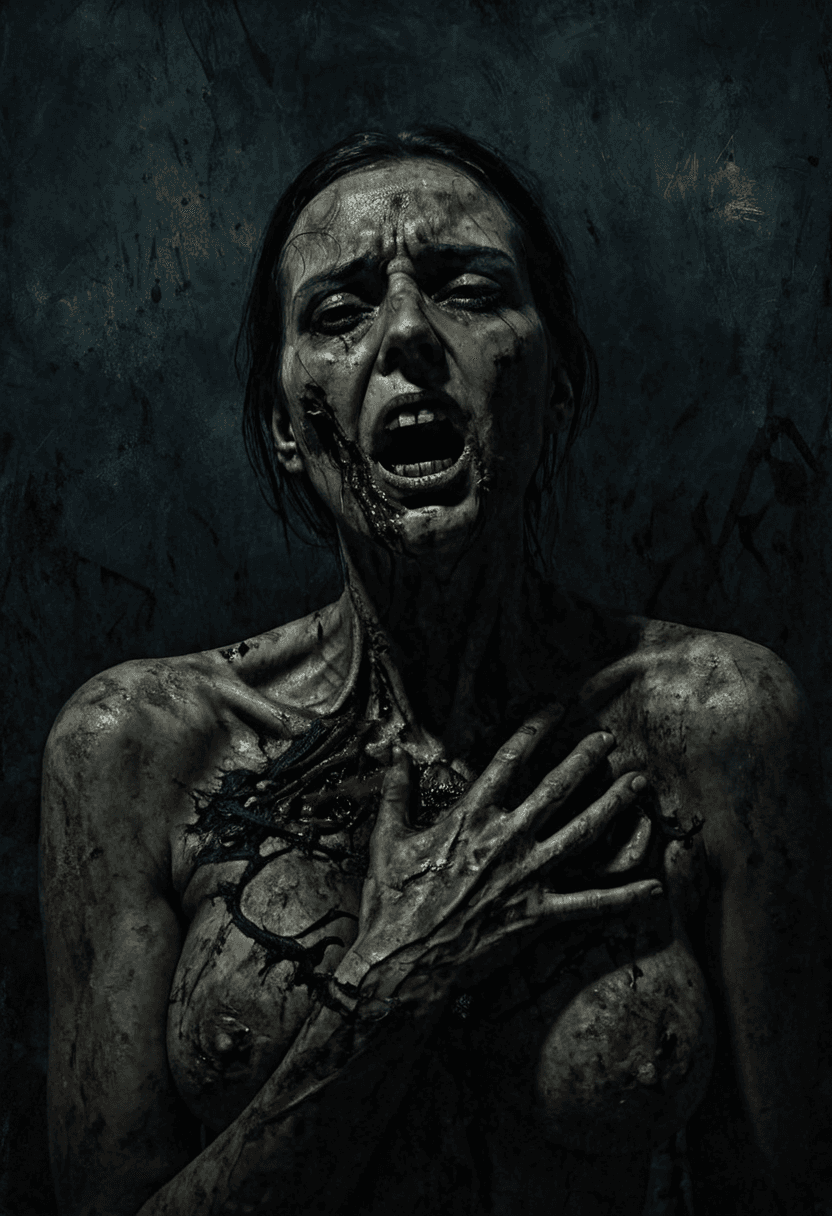 AI generated: a man with blood dripping all over his body, 1girl, solo, breasts, looking at viewer, short hair, op...