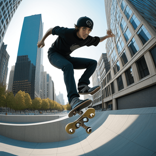 AI generated: photography, dynamic range, in the city, ollie motion with professional man skateboarder