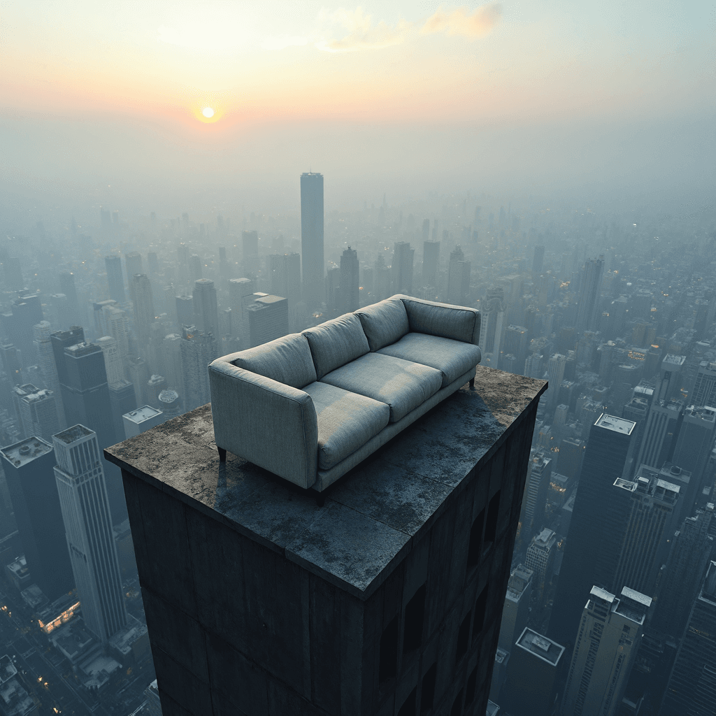 AI generated: acrophobia composition, on the very edge of the roof of a skyscraper there is a cozy sofa almost han...
