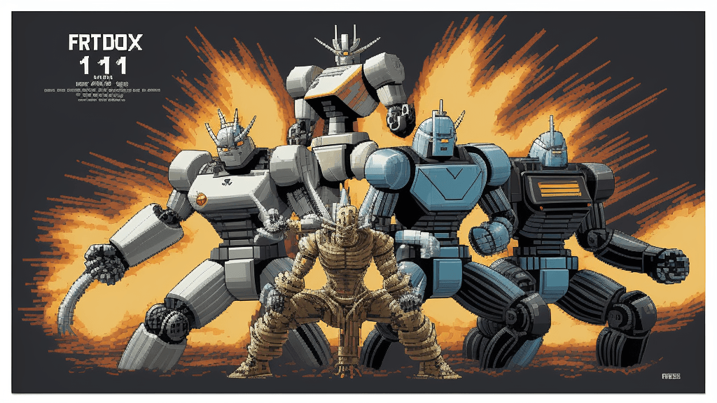 AI generated: mono pixelated poster, signed by"101", a digital illustration of a robot fighter, highly detailed vi...