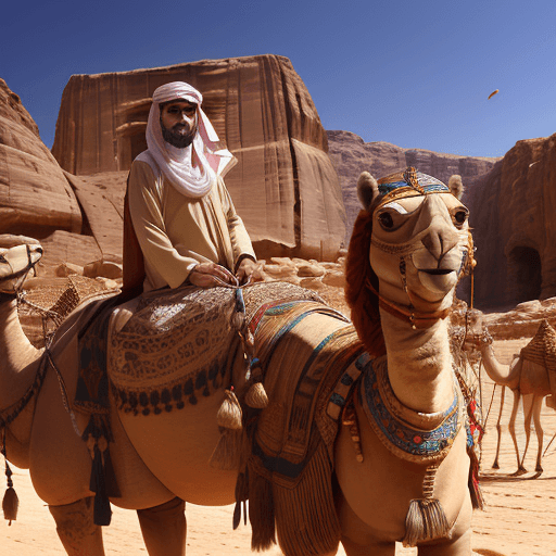 AI generated: a good looking Bedouin standing in front of Petra in Jordan with proud and honor next to a camel and...