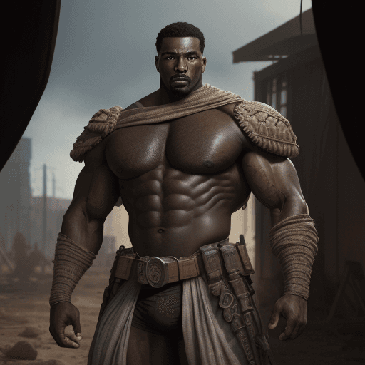 AI generated: Black Man war wrapped in old dirty cloth, wide angle, ((detailed environment)), muscular, handsome, ...