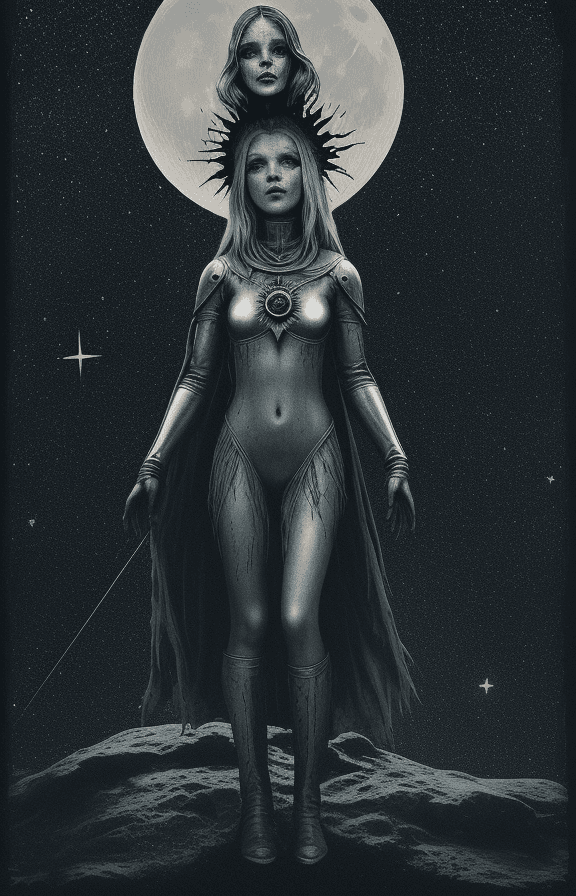 AI generated: A girl hollywood star standing on a hill (make it very hollywood like stars) stars in sky, moon with...