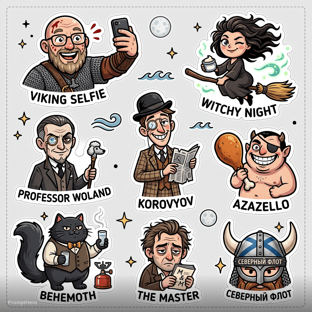 AI generated:  stickers with images of me and the characters from the novel Master M Margarita