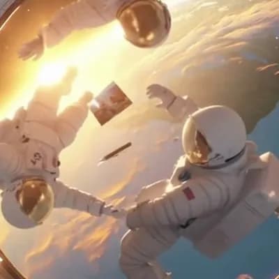 AI generated video: Inside a sunlit space station, three astronauts float effortlessly in zero gravity. They perform gra...