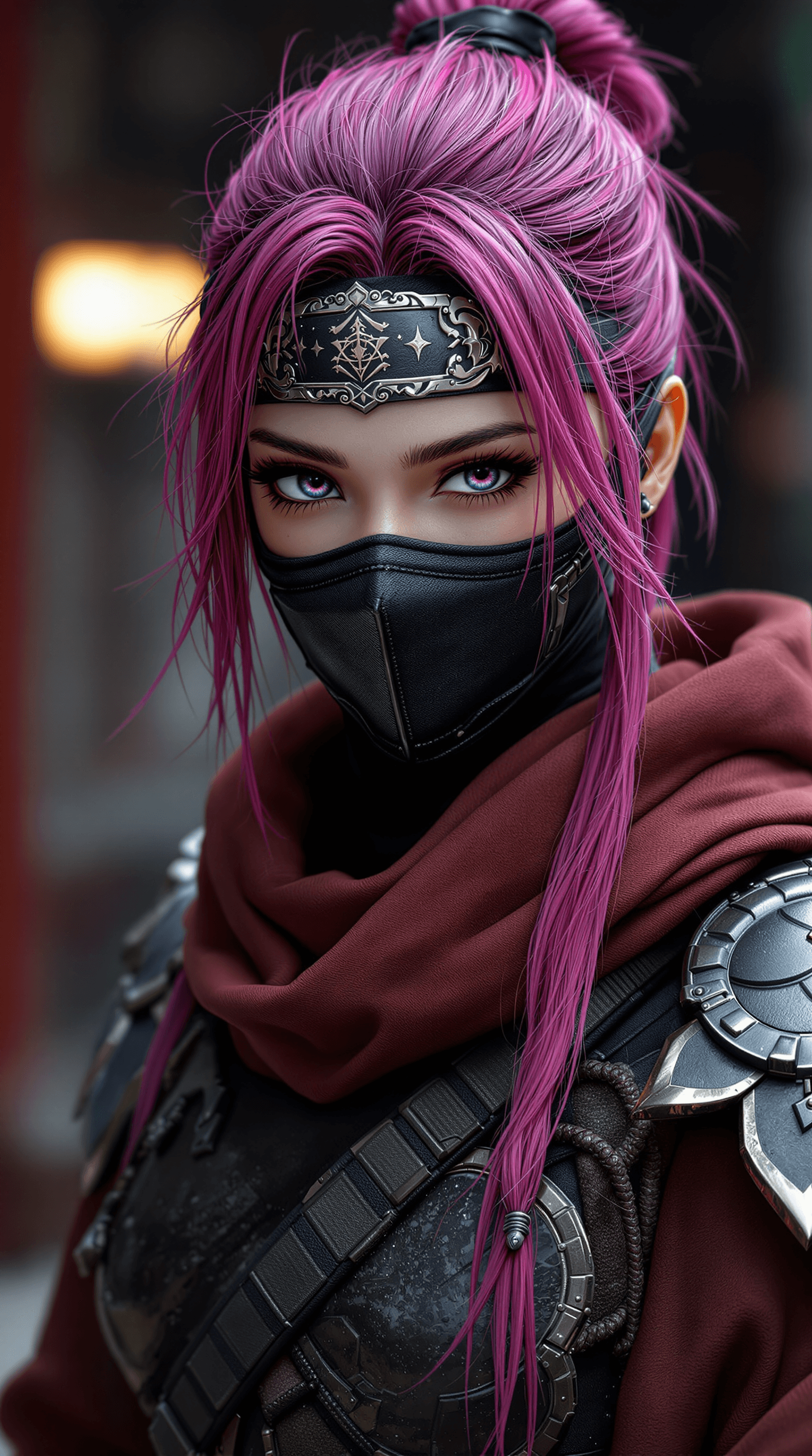 AI generated: Pretty Japanese ninja with magenta colored hair, mask, thick hide armor, hyperrealism, photorealisti...