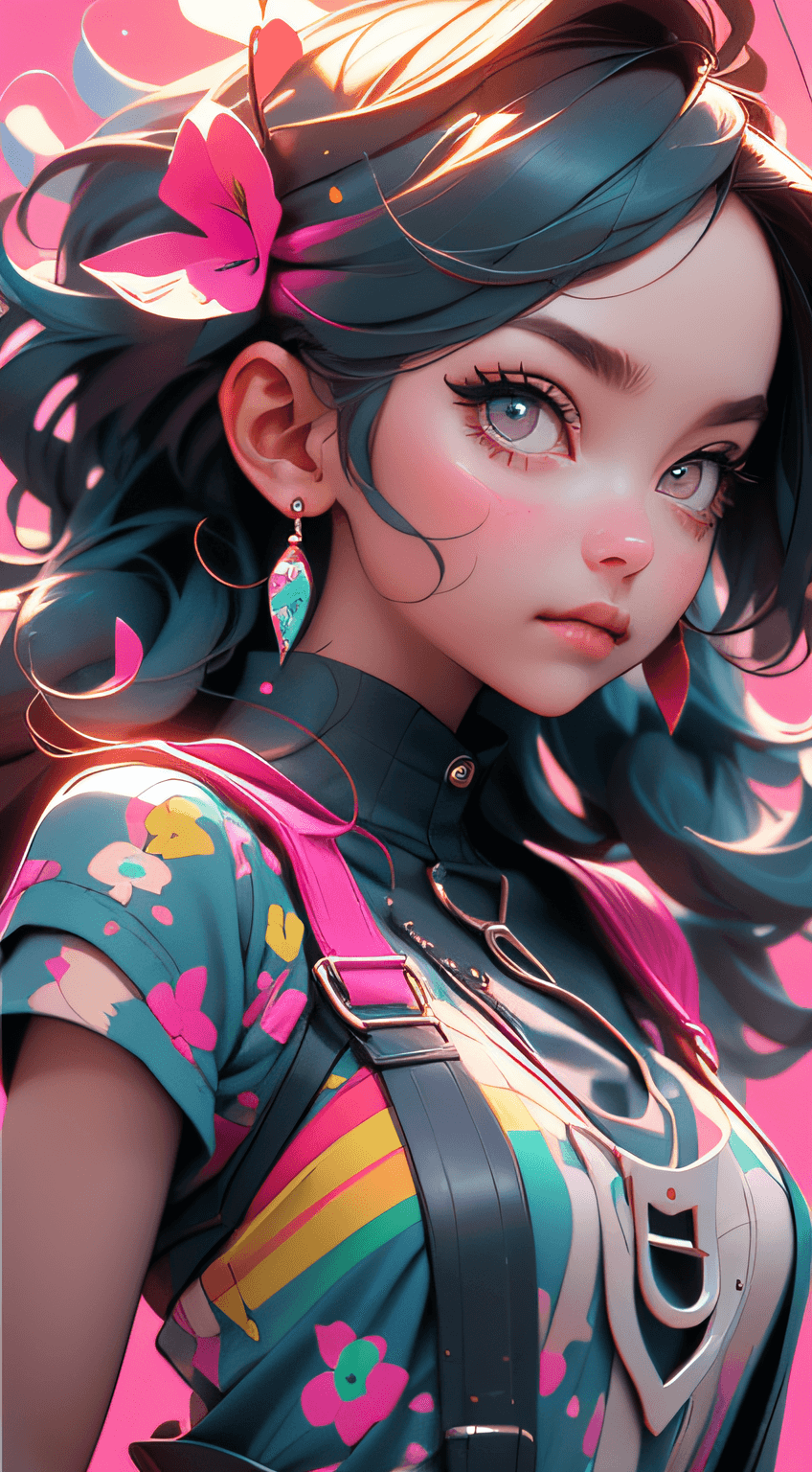 AI generated: (Best Quality, Masterpiece), 1girl, Pose, Wind, Upper Body, Blue and Pink Color Scheme, Simple Backg...