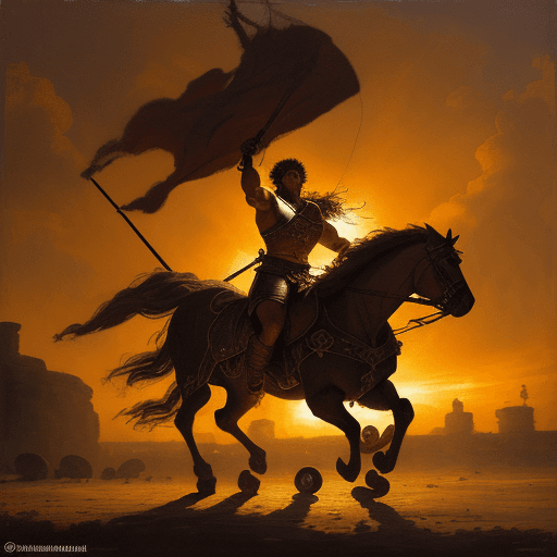 AI generated: an oil painting portraying a warrior exerting his strength to lift a chariot wheel in the glow of su...