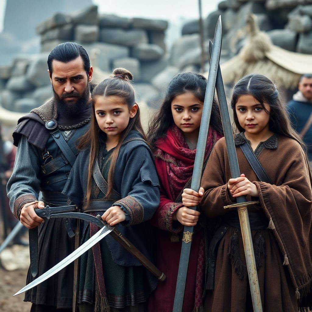AI generated: A cinematic photo of a warrior family of four living in ancient times, The photo show a father and m...