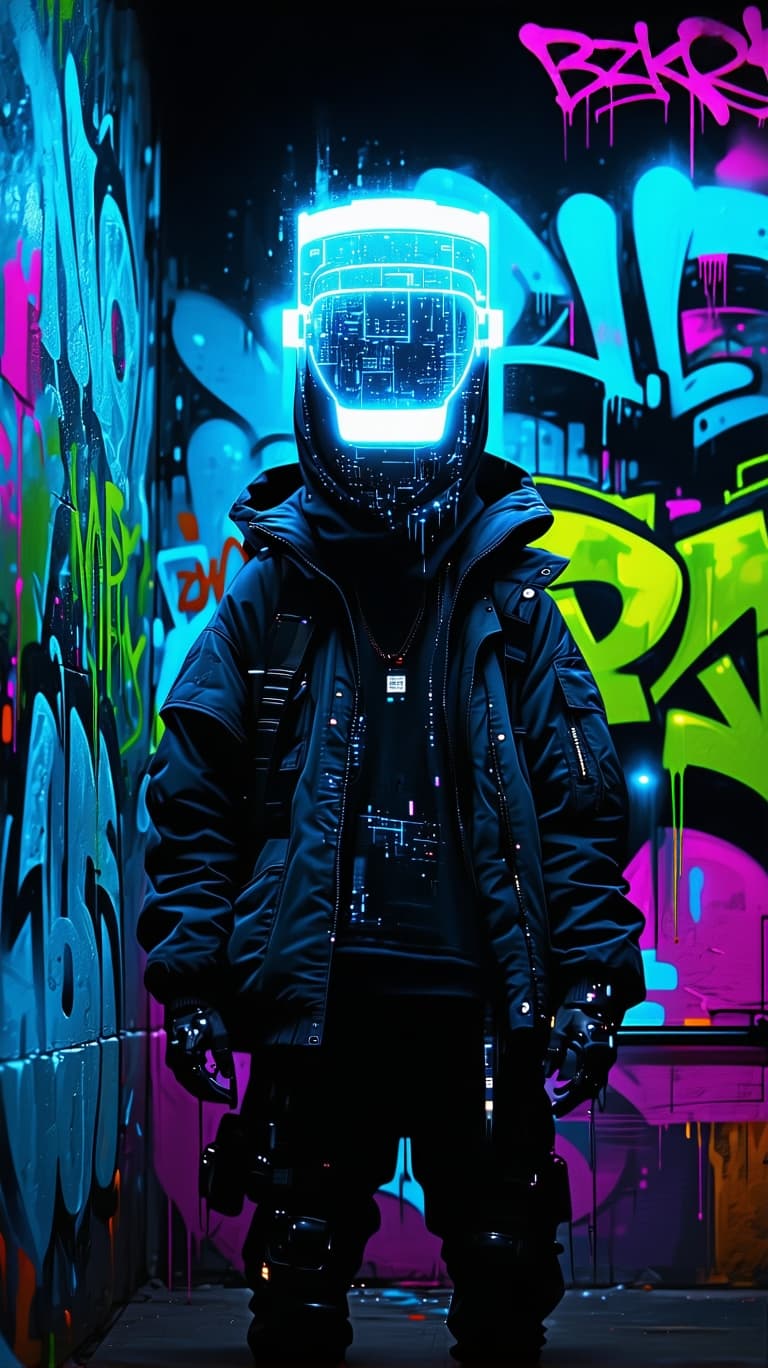 AI generated: Portrait of a futuristic cyberpunk street artist, centered, enhanced with augmented reality tech, in...