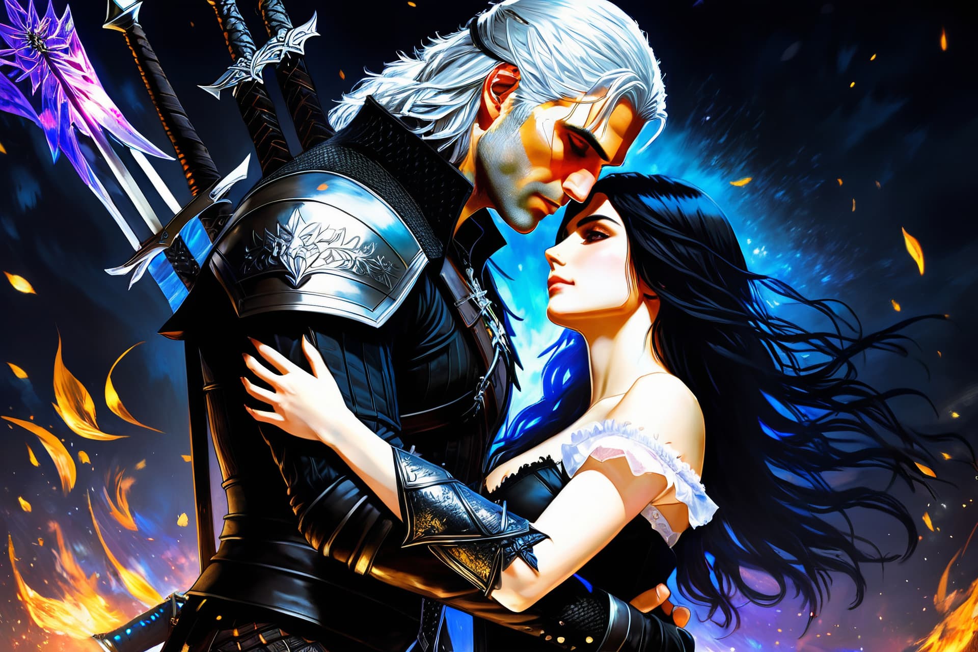 AI generated: masterpiece,best quality, anime artwork Geralt and Yennefer from The Witcher 3 game, Geralt holding ...