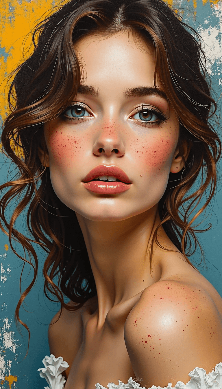 AI generated: Abtract expressionism: A detailed portrait of a young woman with dark brown hair loosely styled, haz...