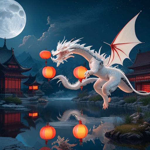 AI generated: Photo of a white chinese dragon| red chinese dragon, dancing together flying mid-air, beautiful moon...